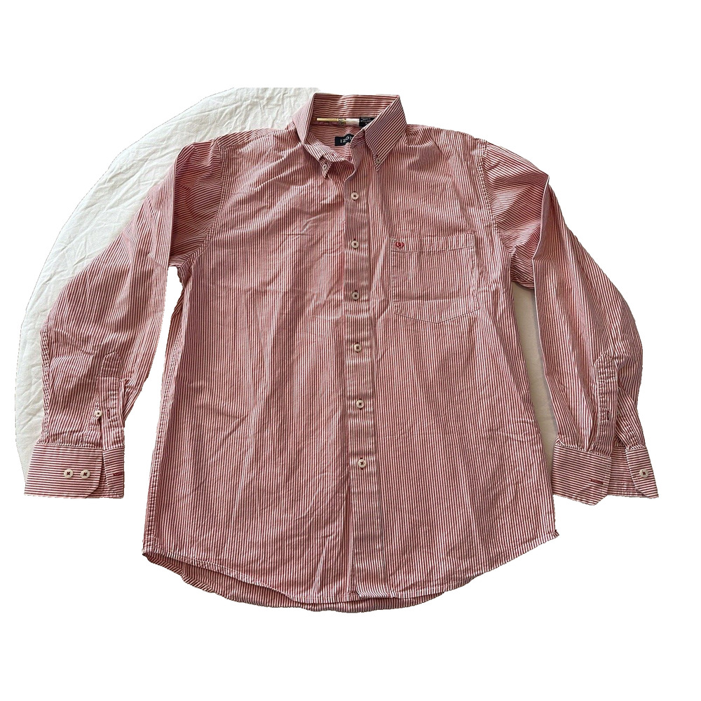 IZOD Button Up Red/White Striped Shirt Medium 100% Cotton Collared
